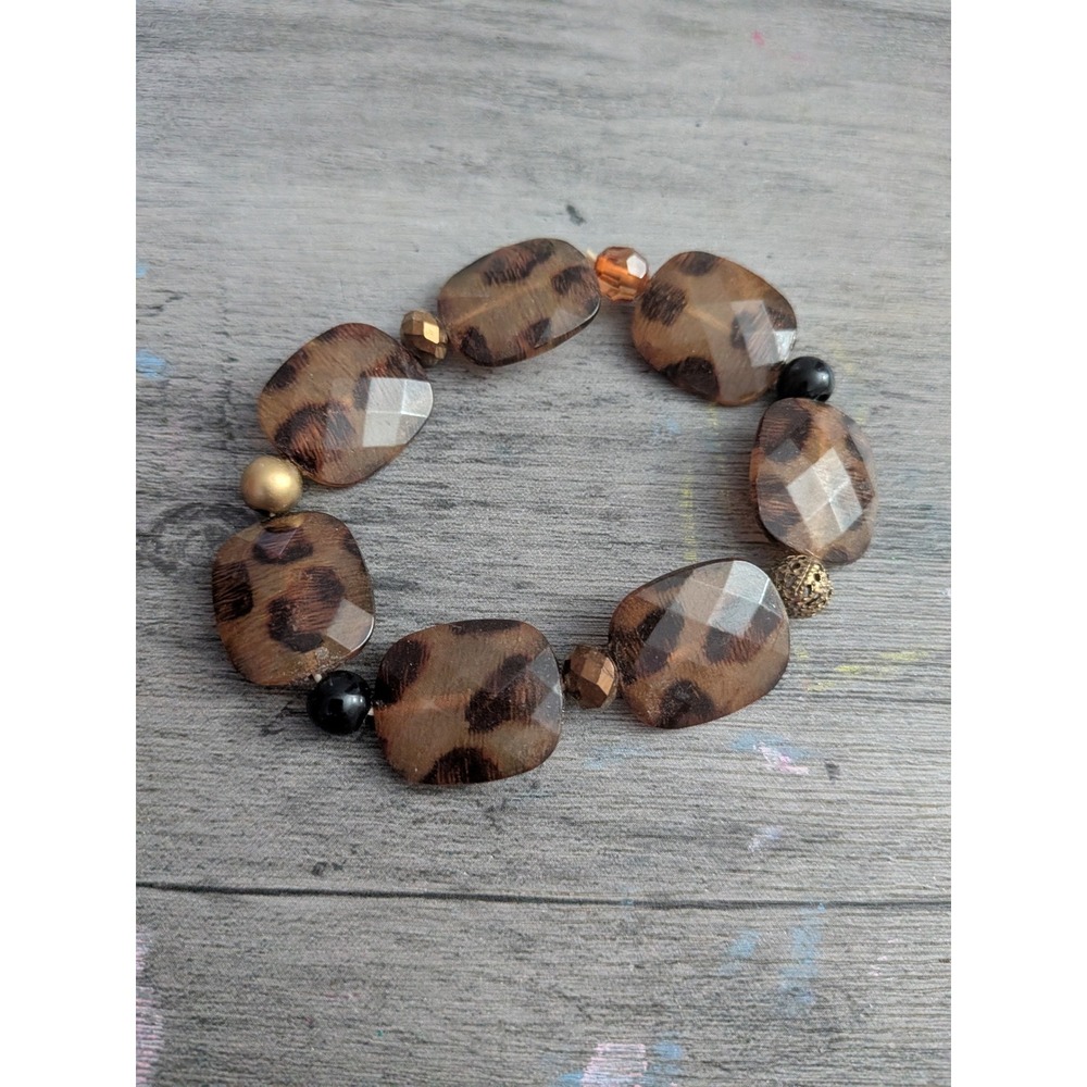 Leopard Print Faceted Stone Stretch Bracelet Brown Gold Tone Mixed Bead Chunky